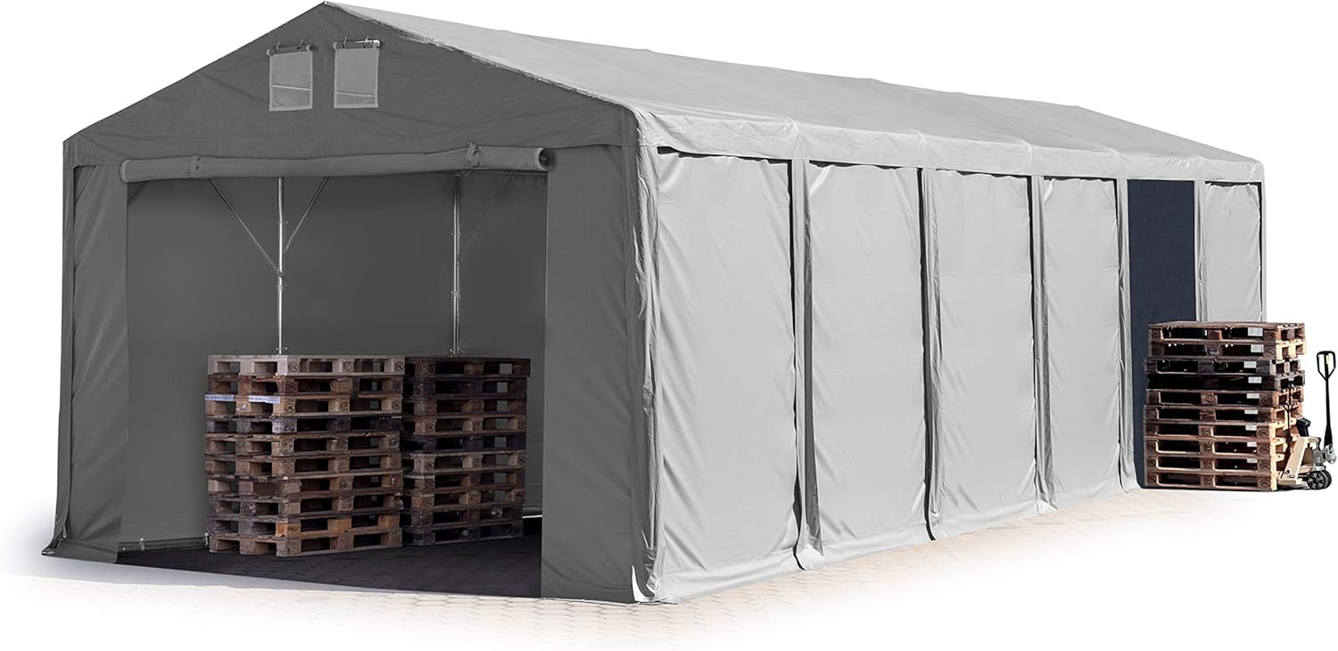 TOOLPORT Lagerzelt Industriezelt 6x12 m Zelthalle mit 3m Seitenhöhe PVC Plane 850 N grau wasserdicht Ganzjahreszelt mit Reißverschlusstor