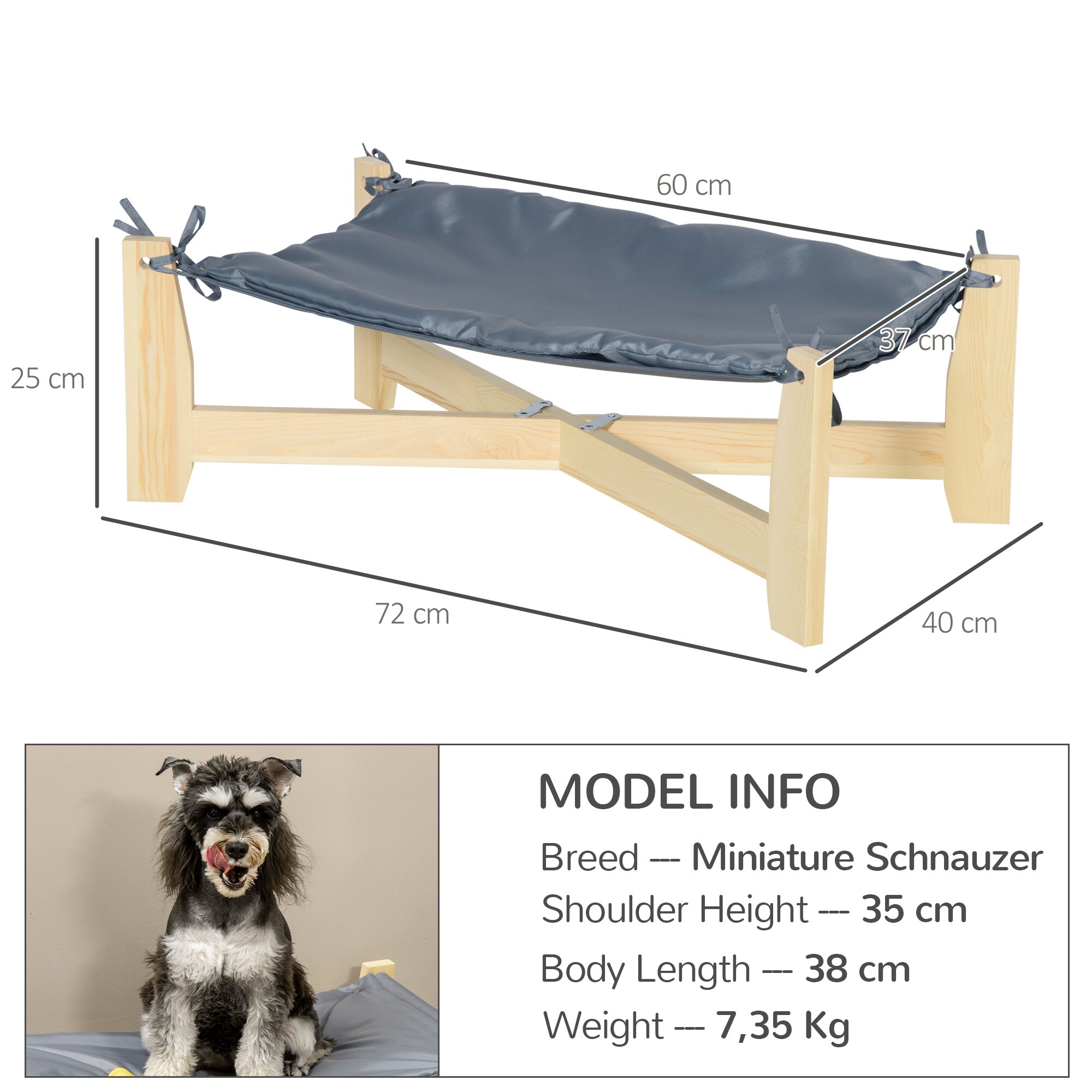 PawHut Haustierbett mit Kissen grau, natur 72L x 40B x 25H cm