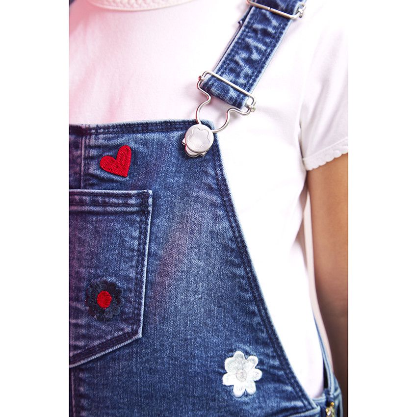 Robe salopette en jean avec broderies pour fille - Bleu