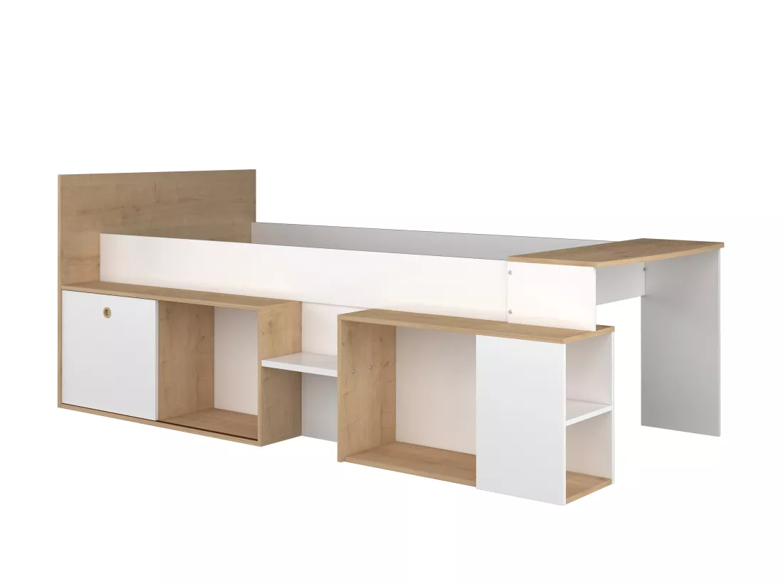 Lit combiné 90 x 200 cm avec bureau et rangements - Blanc et naturel + Sommier - PALOMA