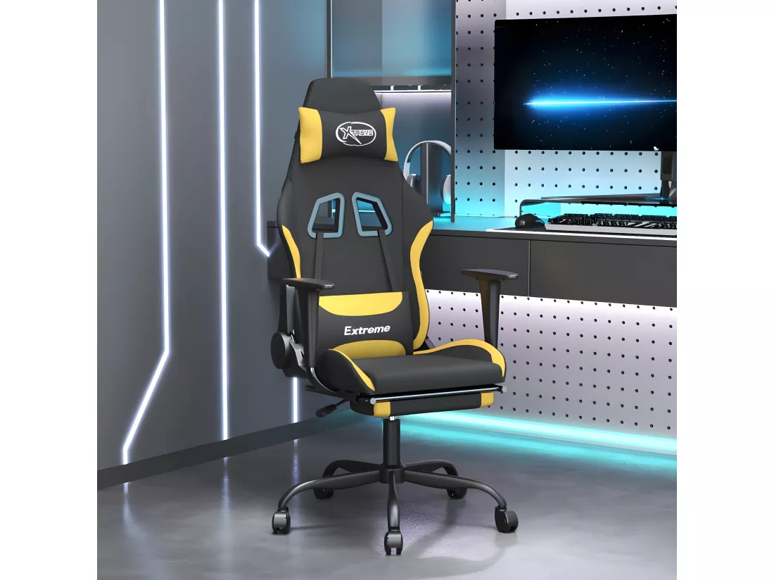 Chaise de jeu de massage avec repose-pied Noir et jaune Tissu