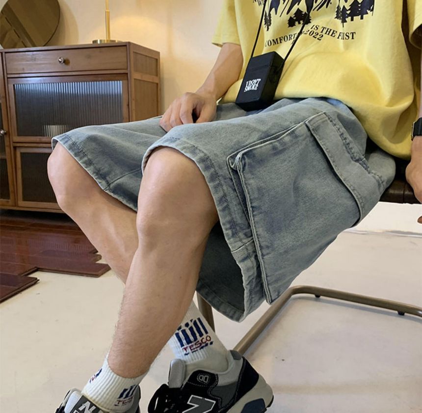 DuckleBeam - Mid Rise Washed Denim Cargo Shorts
