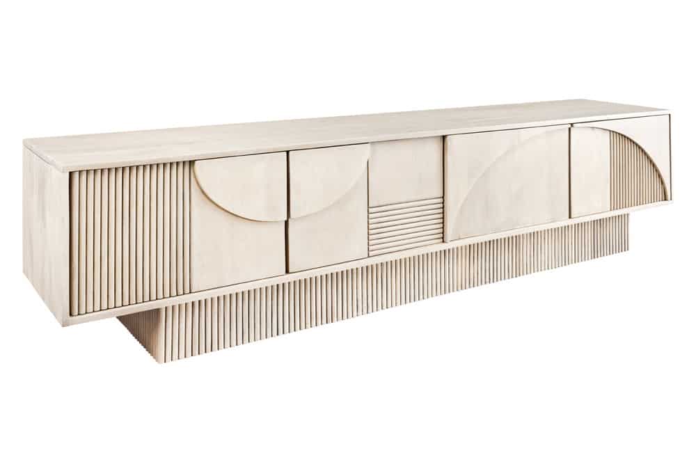 Massivholz TV-Lowboard ART DECO 200cm weiß gekälkt Mangoholz 3D-Front