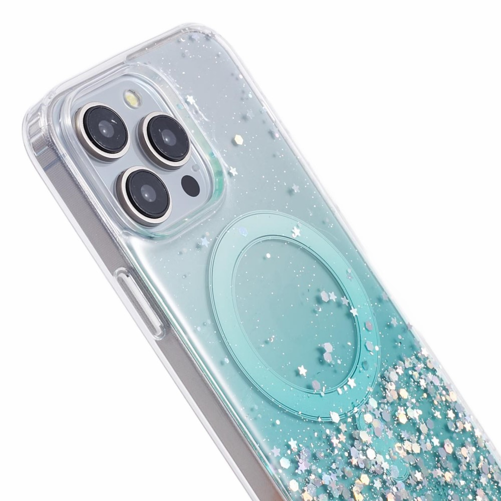 iPhone 15 Pro MagSafe Hülle mit Acryl Rückseite und Farbverlauf im Glitzer Design - Türkis