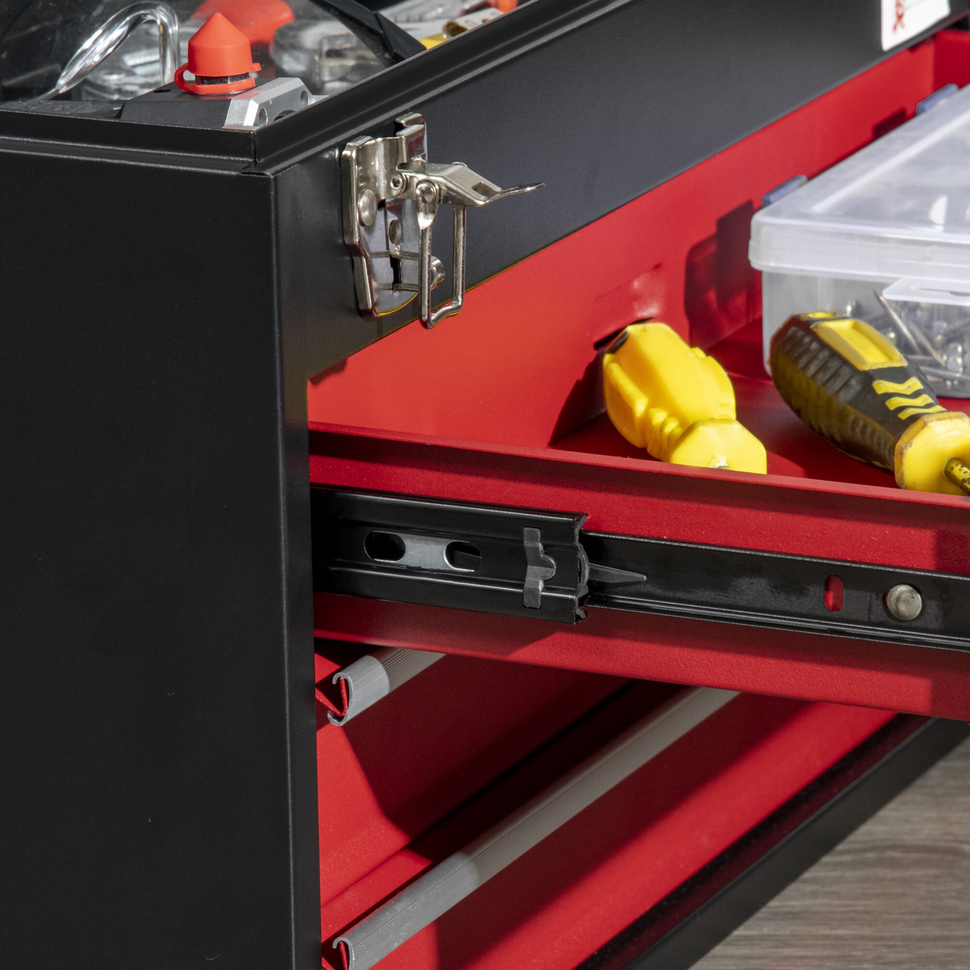 DURHAND Werkzeugkiste mit 3 Schubladen schwarz, rot 51L x 22B x 32H cm
