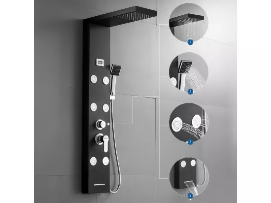 Panneau Colonne de Douche Hydromassante Noir Panneau de Douche Kit en Acier Inox avec 6 Grandes Buses Massants Ensemble de Douche avec Écran LCD