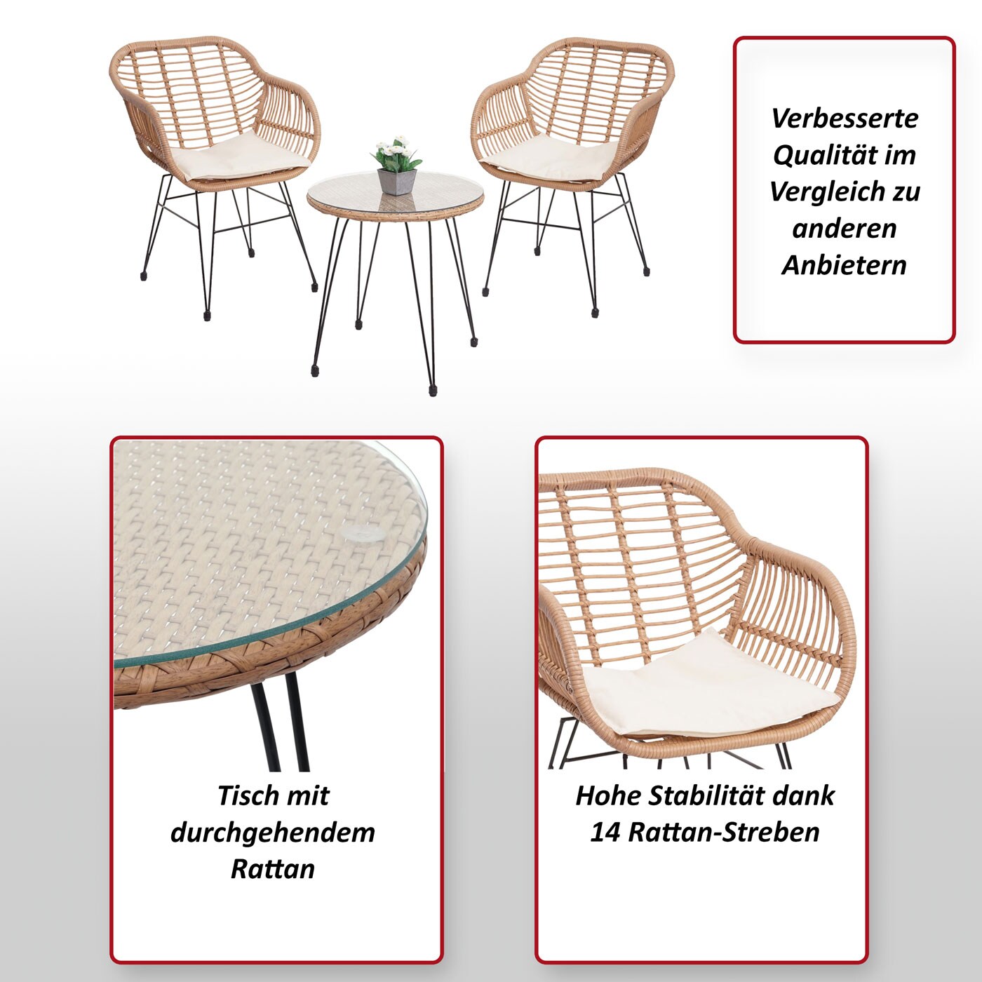 Poly-Rattan Garnitur MCW-G17, Balkon-Set Gartengarnitur Sitzgruppe Stuhl, Seil ~ naturfarben, Kissen anthrazit