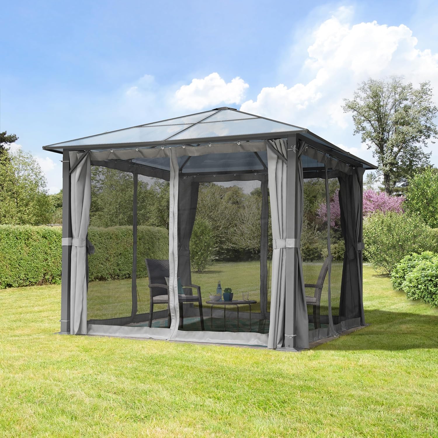 TOOLPORT Gartenpavillon 3x3 m Polycarbonat Dach ca. 6 mm - Hardtop Pavillon mit 4 Seitenteilen und Moskitonetzen in grau