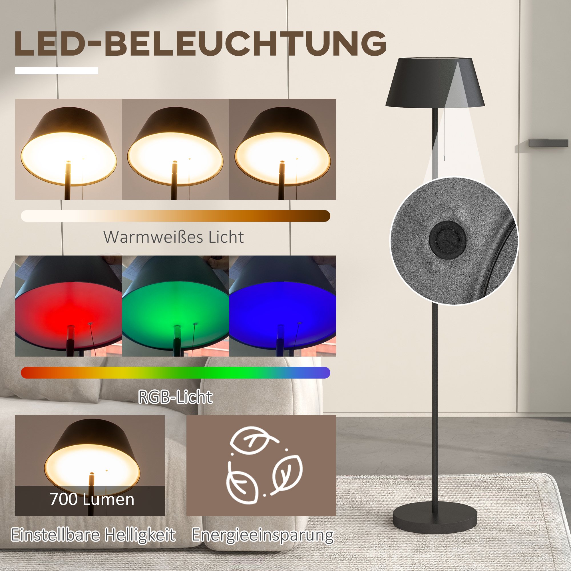 HOMCOM Stehleuchte mit LED für buntes und warmweißes Licht schwarz 32L x 32B x 153H cm