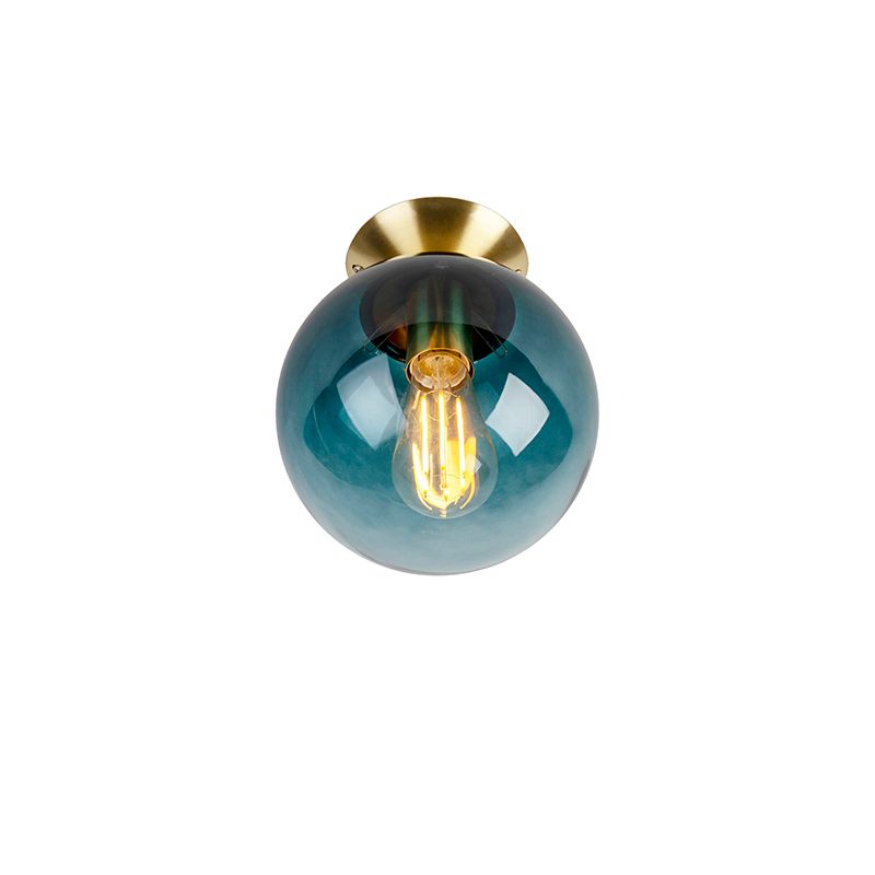 Art deco plafondlamp messing met oceaanblauw glas - Pallon