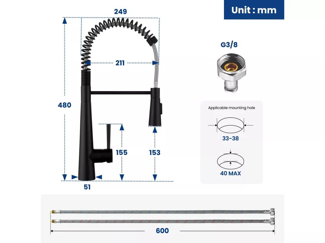 Cecipa max Évier 1 Bac 70×44cm Évier à Encastrer Inox Brossé avec Egouttoir et Vasque + Mitigeur de Cuisine à Ressort avec 3 Modes de Sortie D'eau
