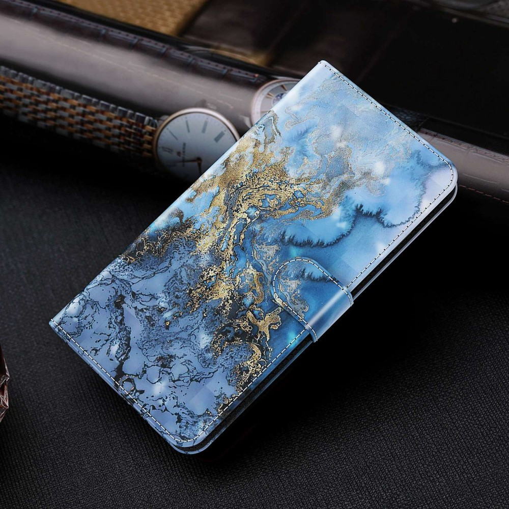 Samsung Galaxy A54 5G Leder Tasche mit Kartenfach   Handschlaufe - Marble Marmor (Blau / Gold)
