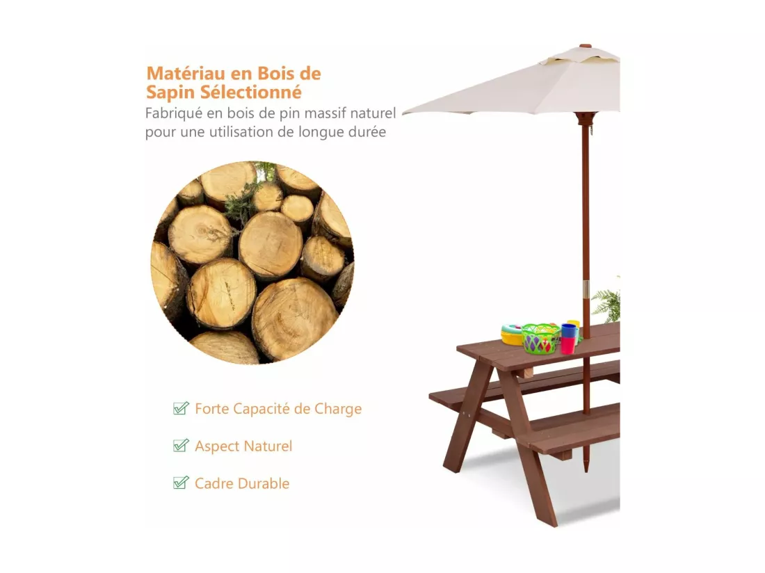 Table de Pique-Nique Enfants en Bois avec Parasol Amovible 89x79x50cm, Table d’Activités Enfants avec 1 Table et 2 Bancs pour Jardin Terrasse Patio (Naturel)