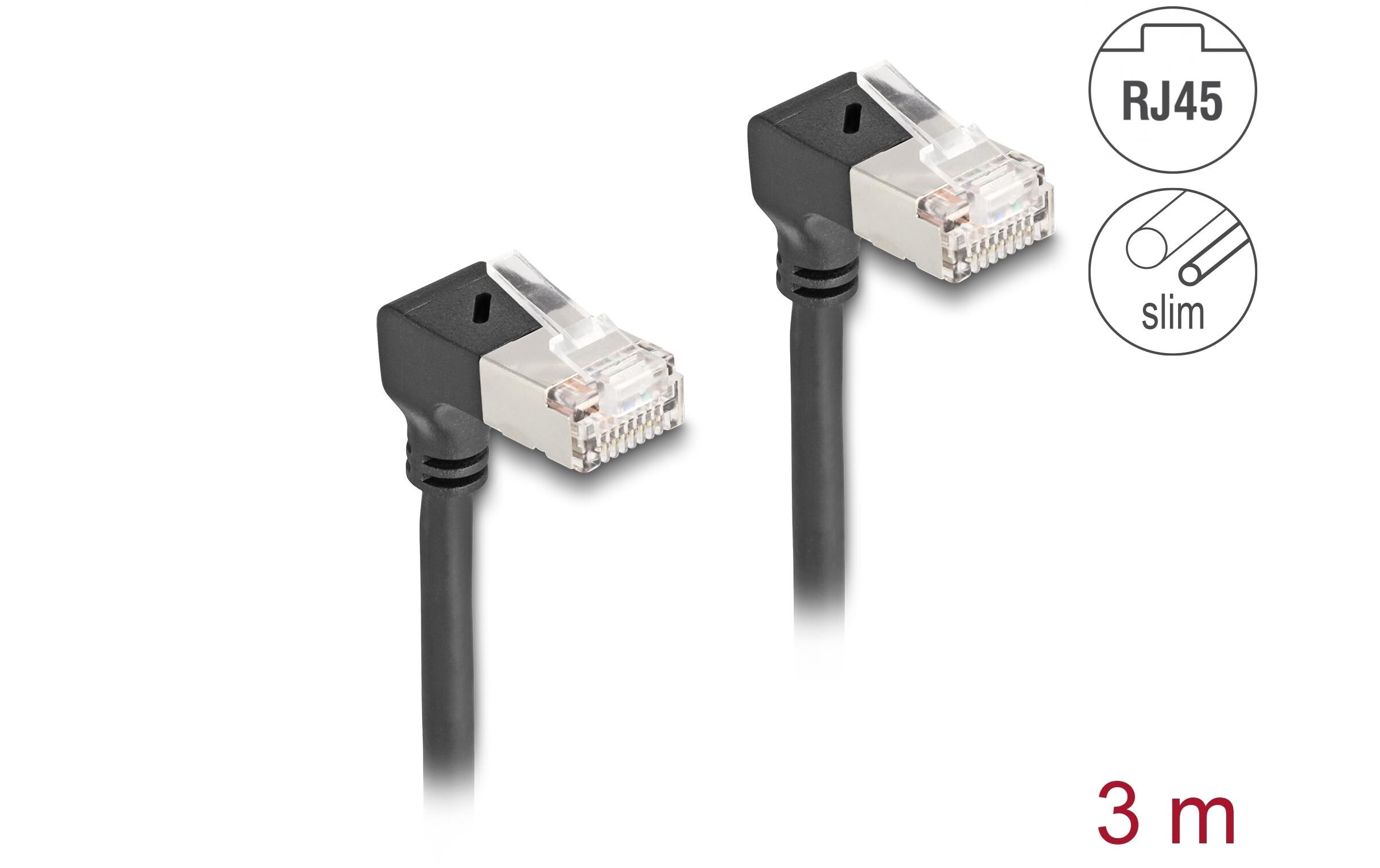 Patchkabel 90° gewinkelt Cat 6A, S/FTP, 3 m, SchwarzDelock RJ45 Netzwerkkabel Cat.6A S/FTP Slim 90° unten / unten gewinkelt 3 m schwarz