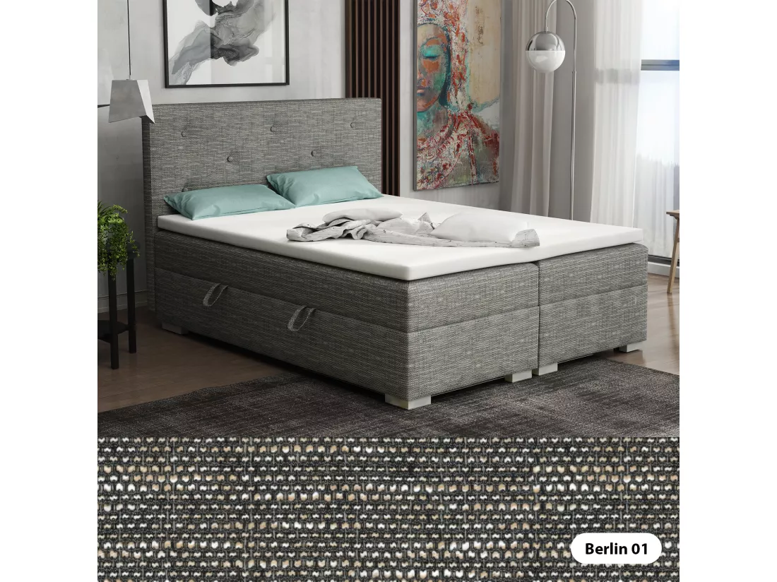 Lit Boxspring avec tiroirs de lit, Coffre de lit Topper Atlanta 200x200 cm, Berlin 01 (Gris mélangé)