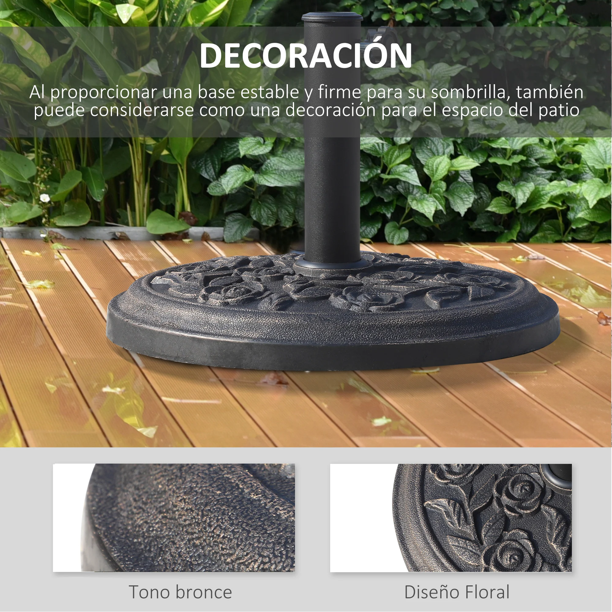 Base redonda de resina para guarda-sol de jardim Outsunny, 9 kg, para hastes de 38 mm/48 mm, Ø45,5 x 31 cm, cor bronze.