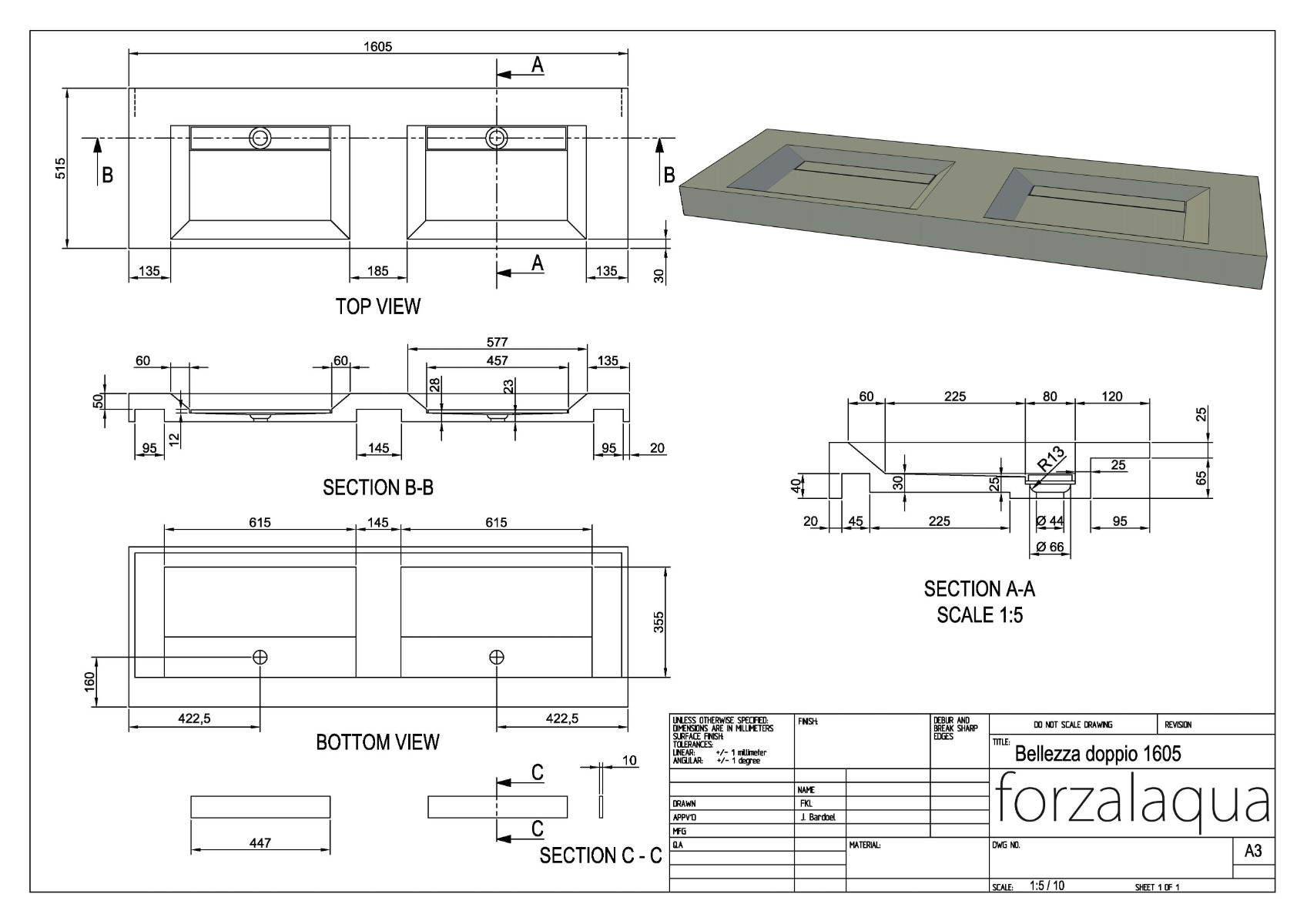 Forzalaqua Bellezza wastafel 160x50cm zonder kraangat carrara gepolijst