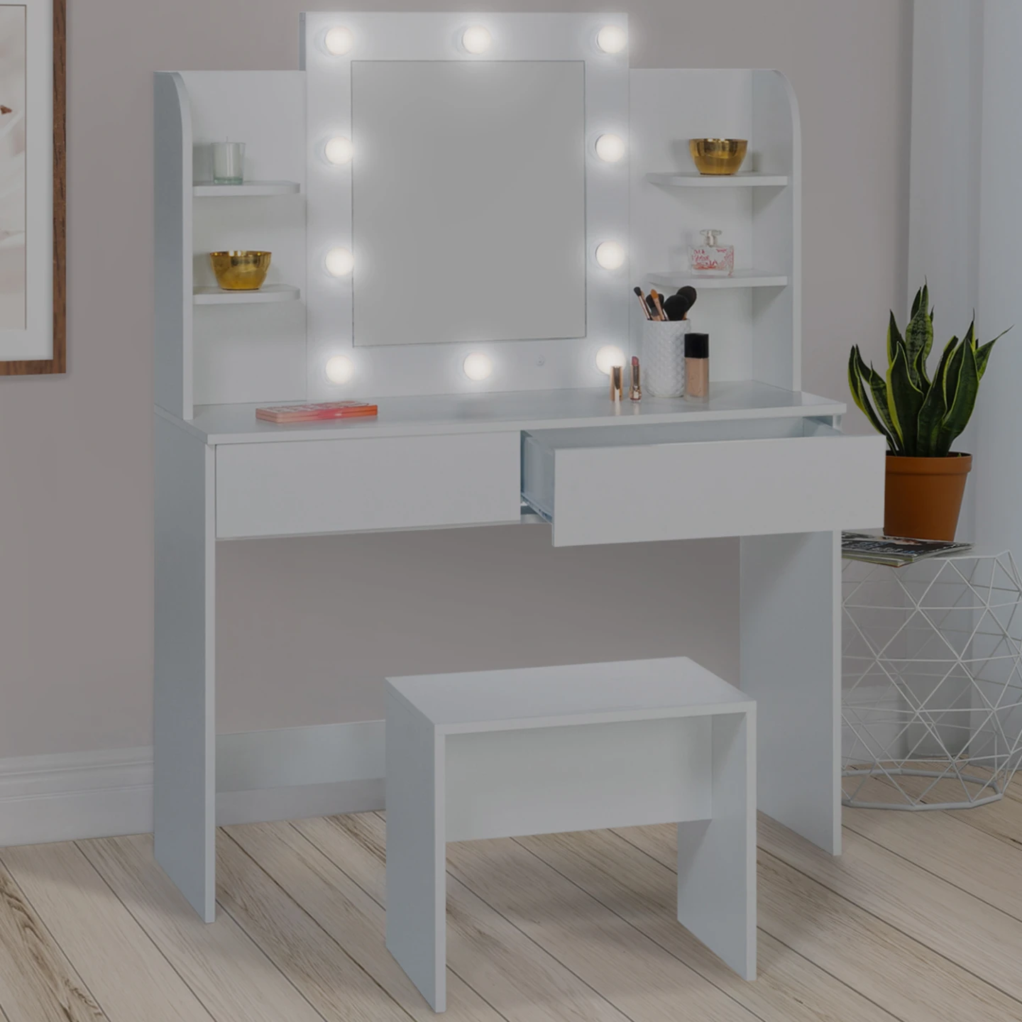 Coiffeuse ZELIA blanche table de maquillage 4 étagères, miroir LED et tabouret