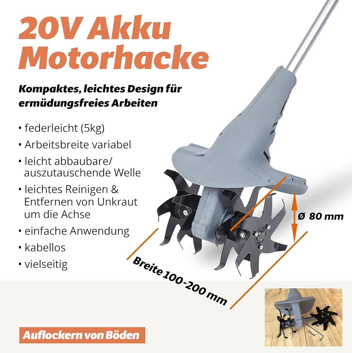 FANZTOOL mini Motorhacke Akku 20V inkl. 2.5Ah Akku & Ladegerät, Gartenfräse mit 20cm Arbeitsbreite,15 cm Arbeitstiefe Bodenhacke für klein Beet & Garten