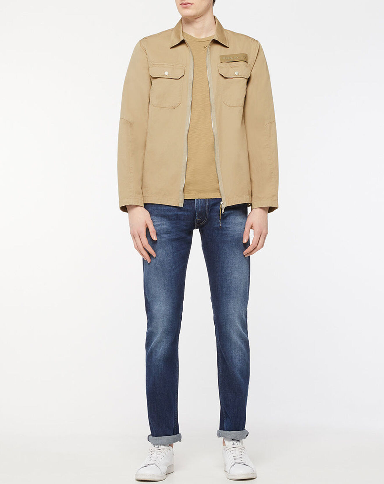Replay Veste en Coton & Lin Military Patch beige