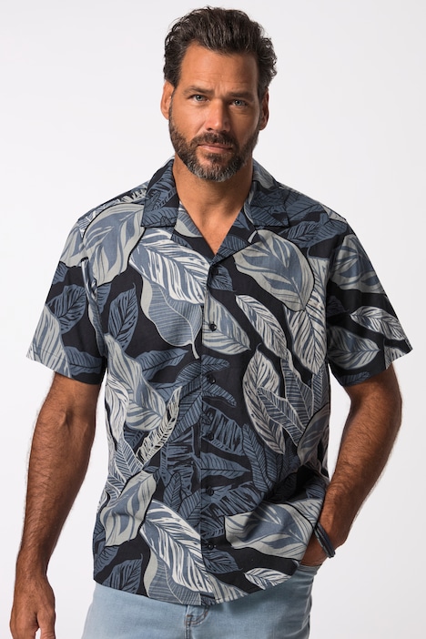 Leinenmix-Hemd, Halbarm, Allover-Print, Cuba-Kragen, Modern Fit, bis 8 XL