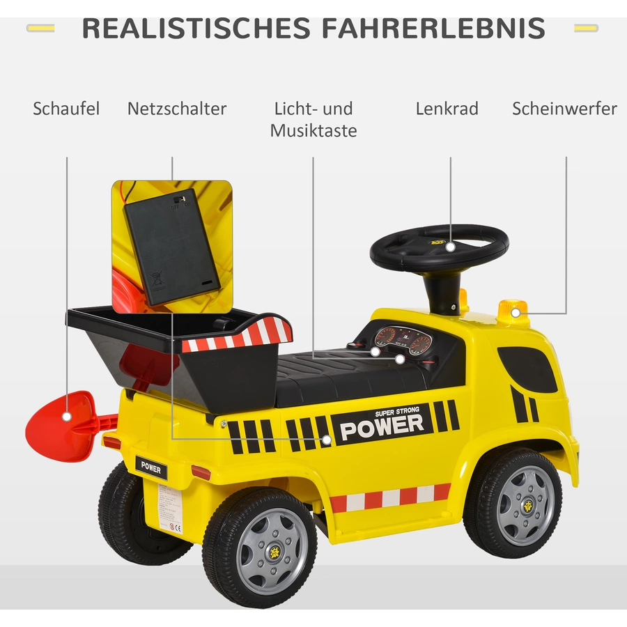 HOMCOM Kinder Rutscherauto mit Musik, Scheinwerfern und Alarmtönen Gelb