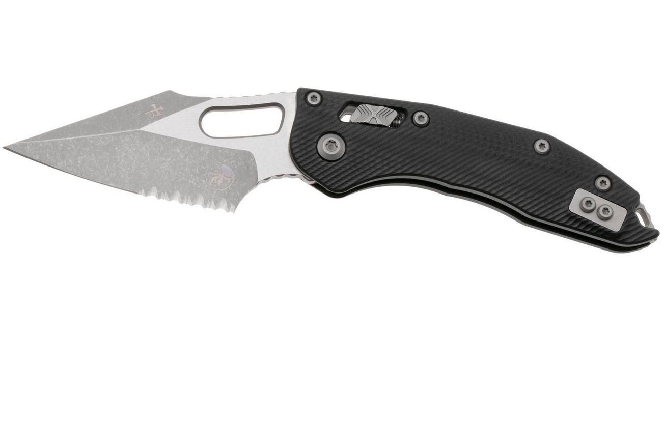 Microtech Stitch 169RL-11APFLGTBK, Apocalyptic Stonewashed M390MK, Fluted Black G10, partial serrated zakmes, Borka Blades design