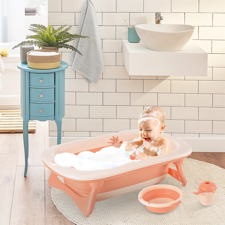 HOMCOM Faltbare Babywanne mit Waschbecken und Shampoobecher rosa