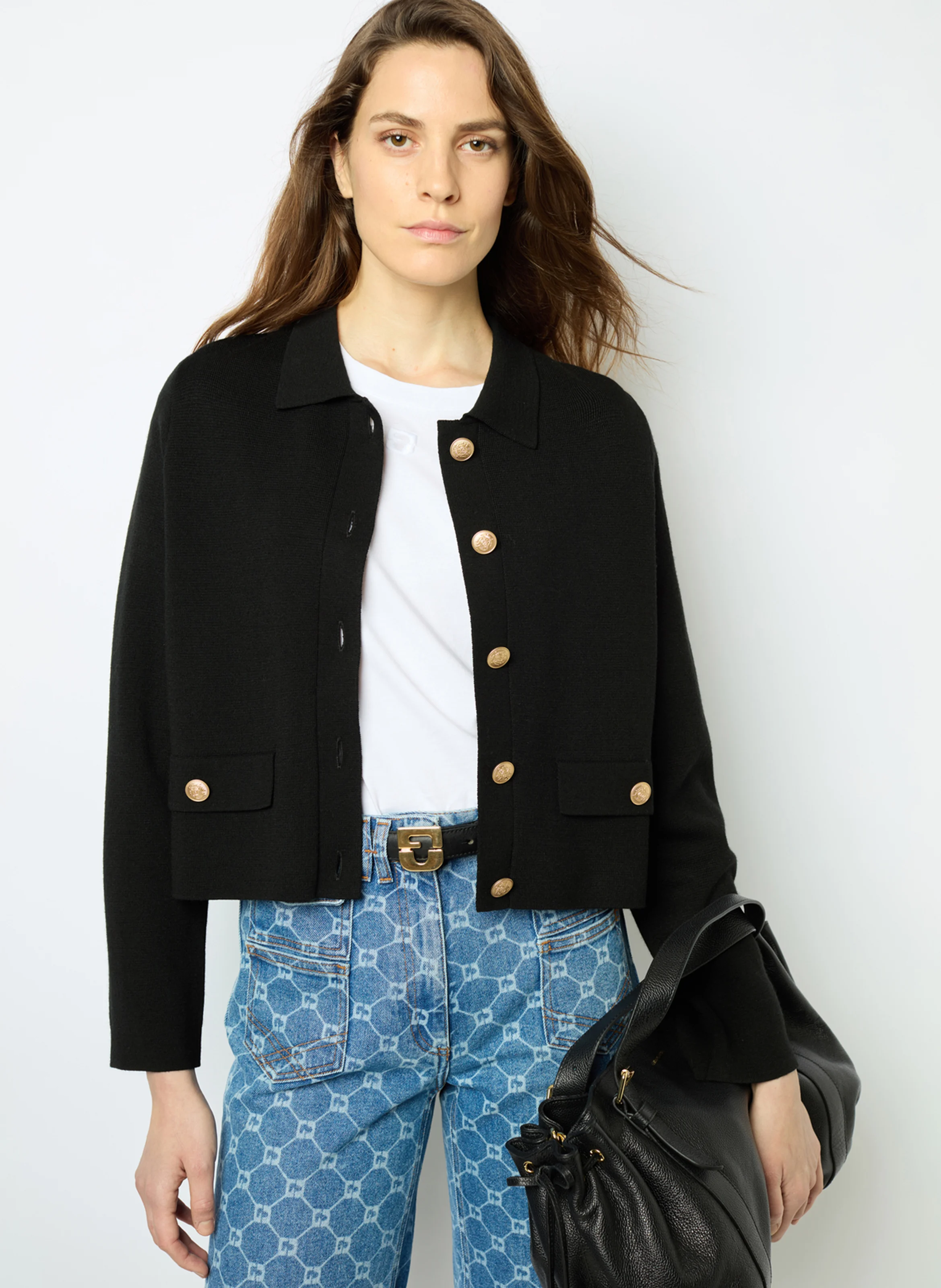 JULIE - Gilet col polo en laine mélangée | Noir