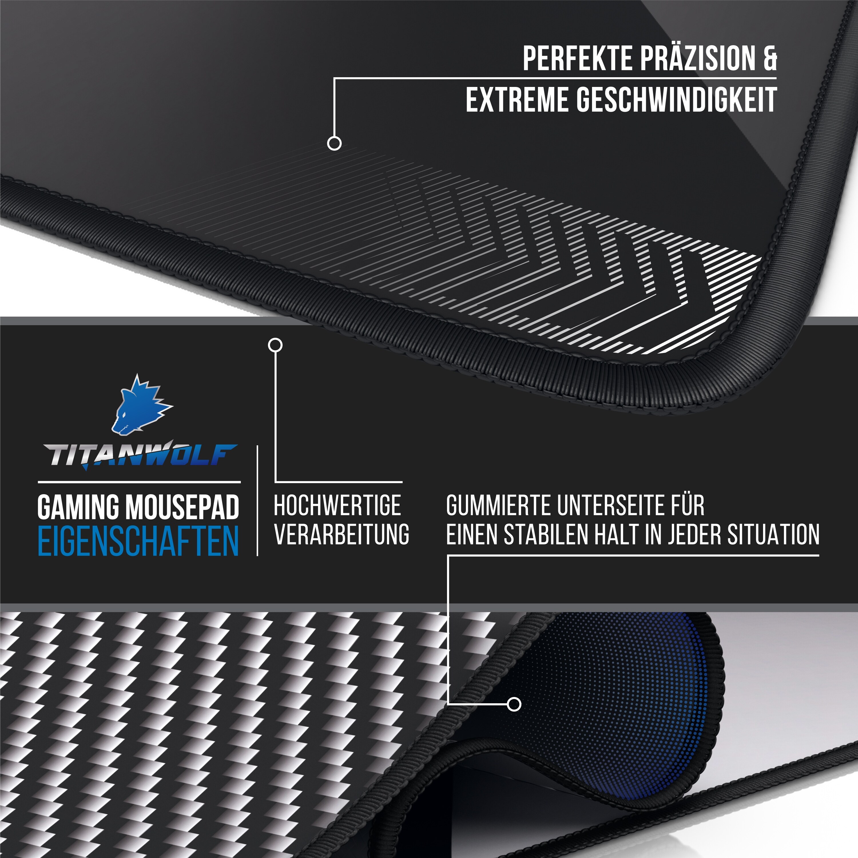 Titanwolf Gaming Mauspad, 900 x 400mm XXL Mousepad, verbessert Präzision & Geschwindigkeit, Carbon