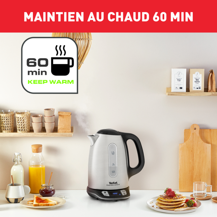 Bouilloire électrique Express inox sans fil 1,7 L, Réglable de 60 à 100°