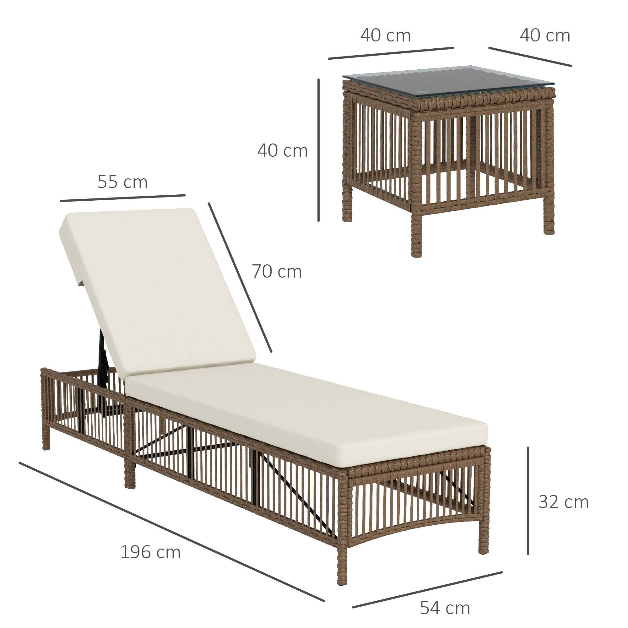 Conjunto Outsunny de 2 espreguiçadeiras de vime para jardim com mesa de centro, encosto ajustável em 5 níveis e almofadas, 196x54x32 cm, bege