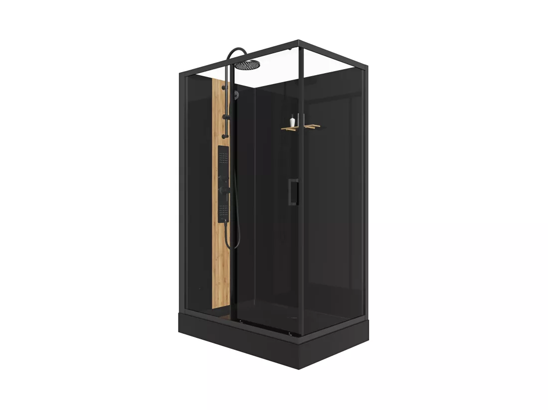 Cabine de douche hydromassante rectangulaire avec bambou - Installation réversible - Noir mat - L120 x l80 x H225 cm - VITUNA
