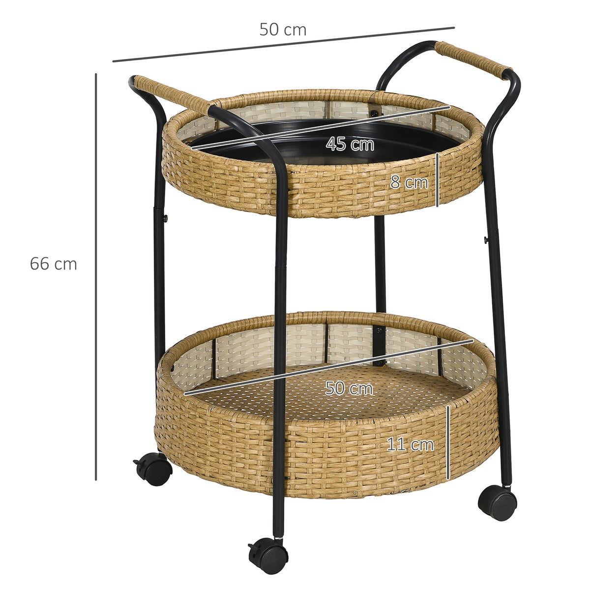 Outsunny Rattan Serveerwagen met 2 Planken, Φ50 x 66 cm, Staal, Geel
