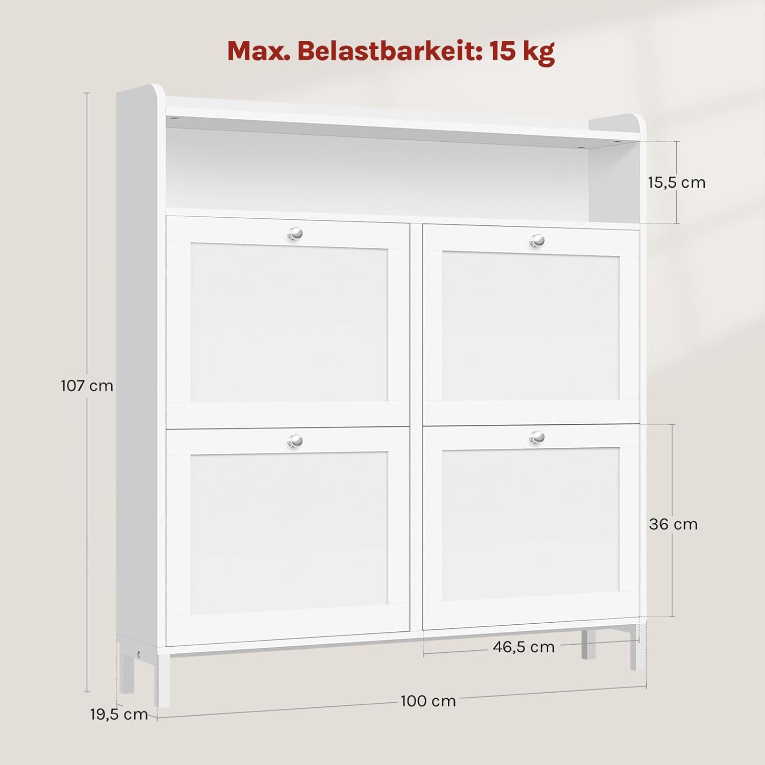 WOLTU Schuhschrank mit 4 Klappen, Schuhregal Schuhkipper schmal, Platzsparend & Robust, für 8-12 Paar Schuhe, Kratzfest, 100 x 107 x 19,5 cm Weiß