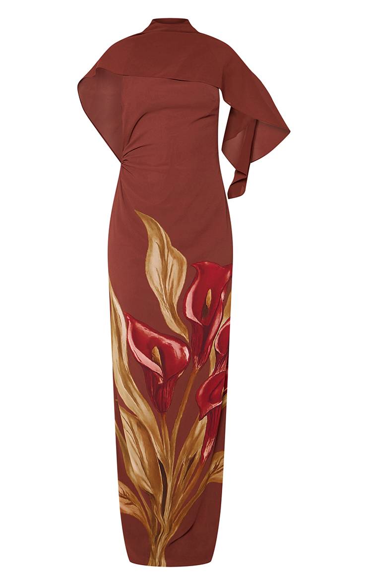Marron Robe Longue Maxi À Superposition Cape En Mousseline Imprimé Fleuri