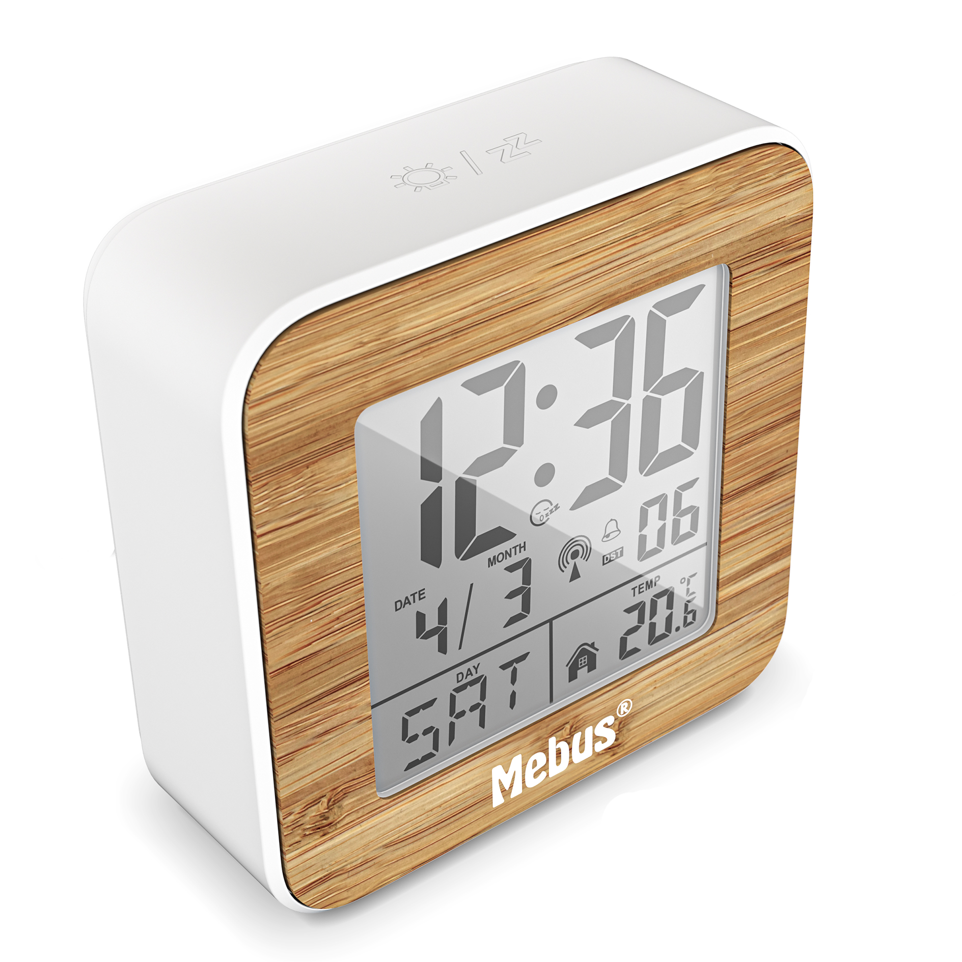 Funk-Wecker digital - weiß-Holzoptik - Innenthermometer