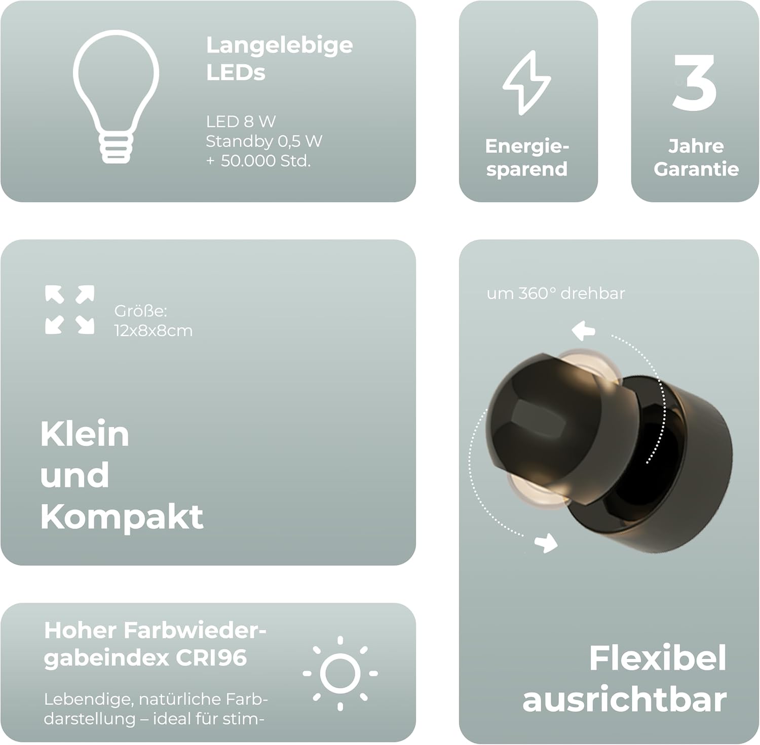 NEONA PONTOS LED Wandleuchte – dimmbar per Fernbedienung, warmweiß (2700K), CRI 96, 360° drehbar, hochwertige Aluminium‑Glas Bauform, Designer‑Licht, 8cm Durchmesser (Schwarz Chrom)