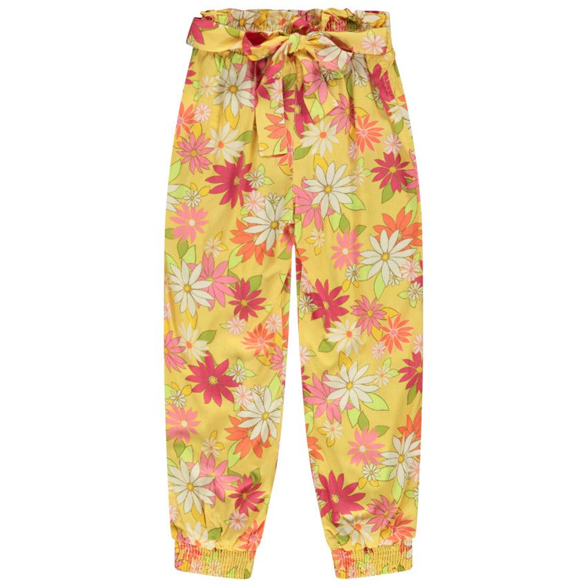Pantalon fluide imprimé floral à nouer pour fille - Jaune