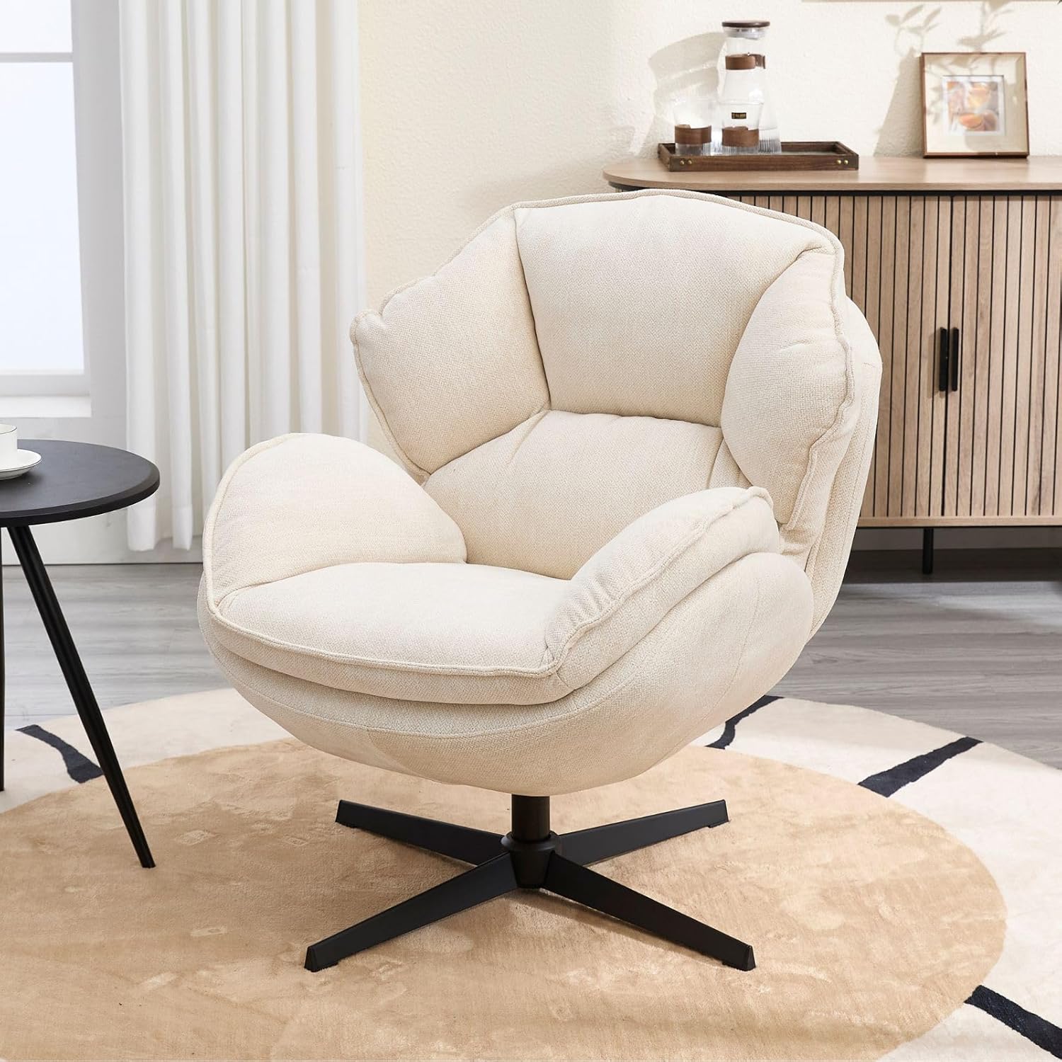 Ohrensessel aus Chenille Bequemer Sessel Wohnzimmer 360° drehbarer Loungesessel mit dickem Kissen Relaxsessel mit Armlehnen gepolsterter Sofasessel für Schlafzimmer/Heimbüro, Weiß