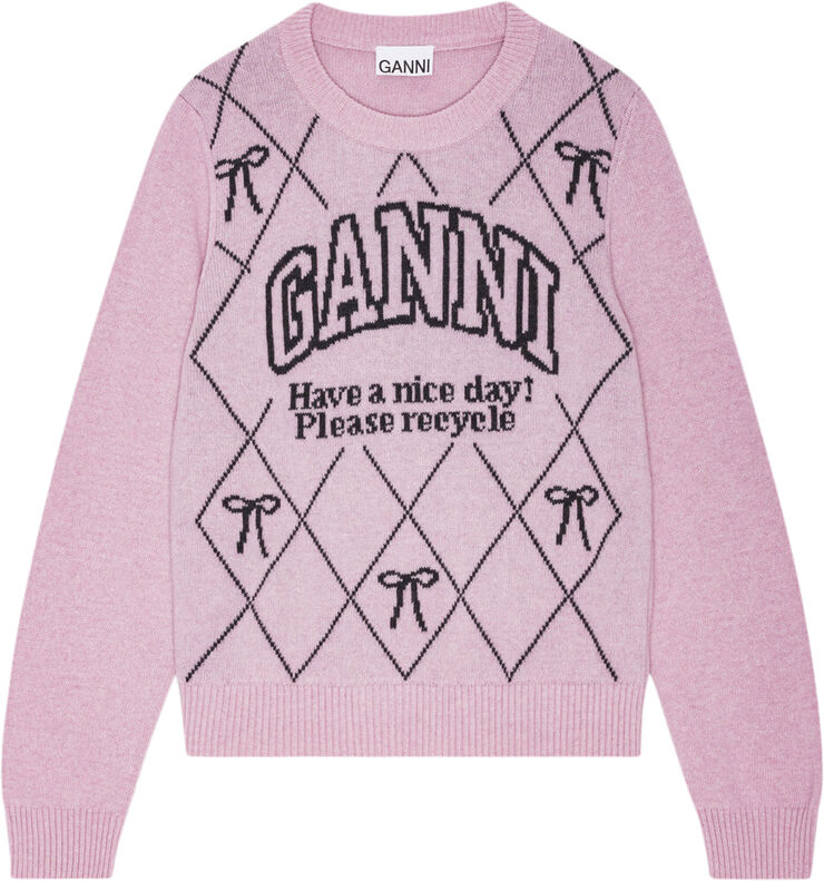 Ganni Graphic Wool Mix Bow Crewneck Mauve chalk