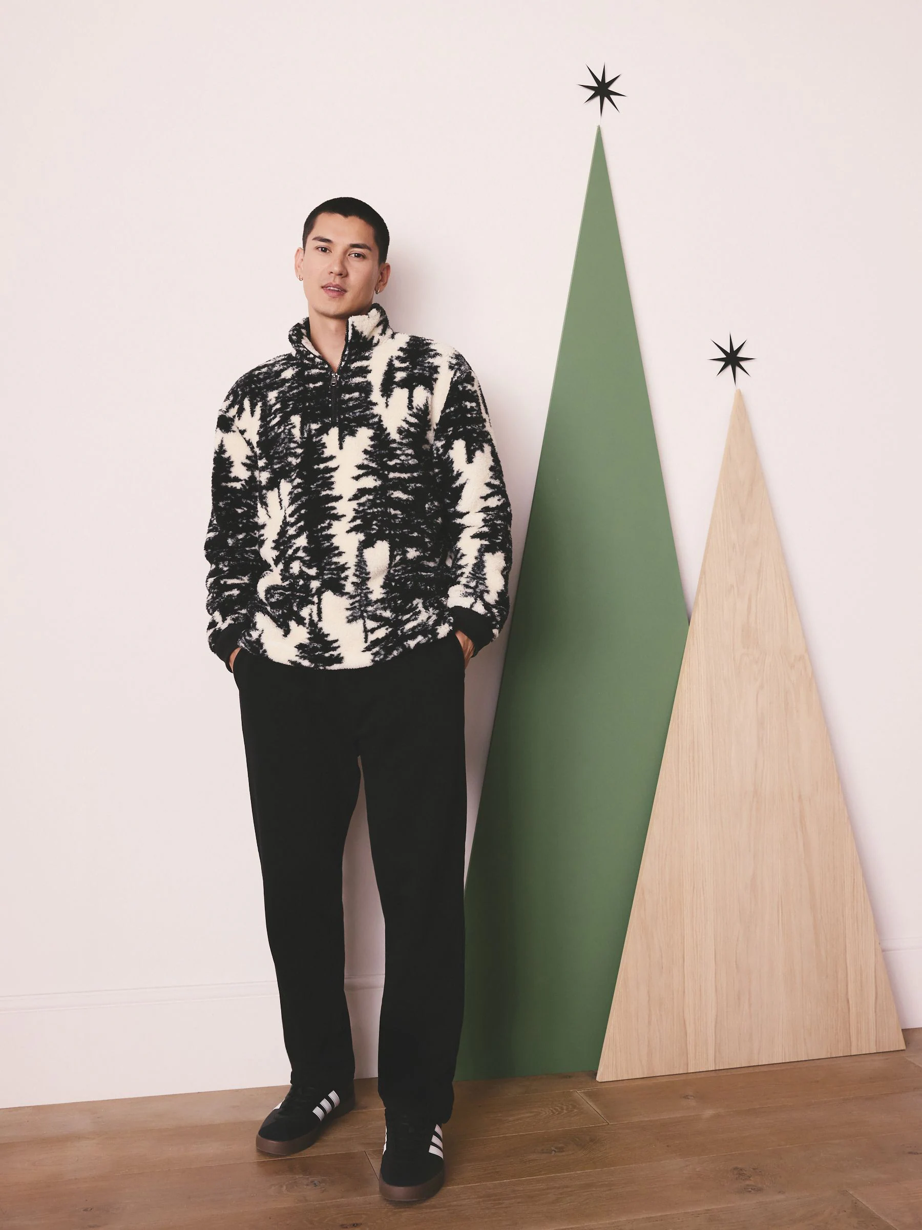 Black/Cream Tree Print - Matching Family Zip Neck Borg Fleece