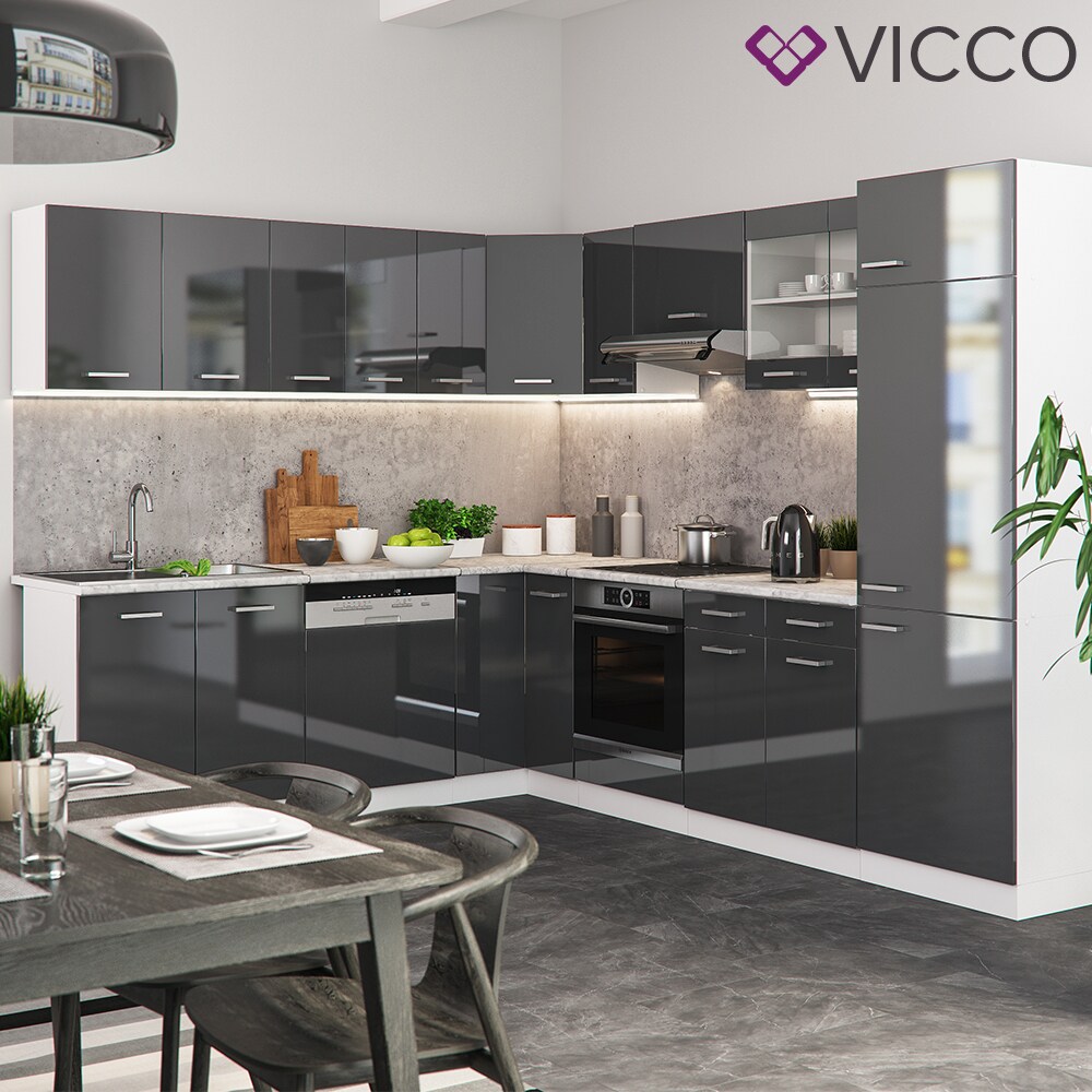 VICCO KÜCHENZEILE R-LINE ECKKÜCHE WINKEL KÜCHE EINBAUKÜCHE ANTHRAZIT HOCHGLANZ