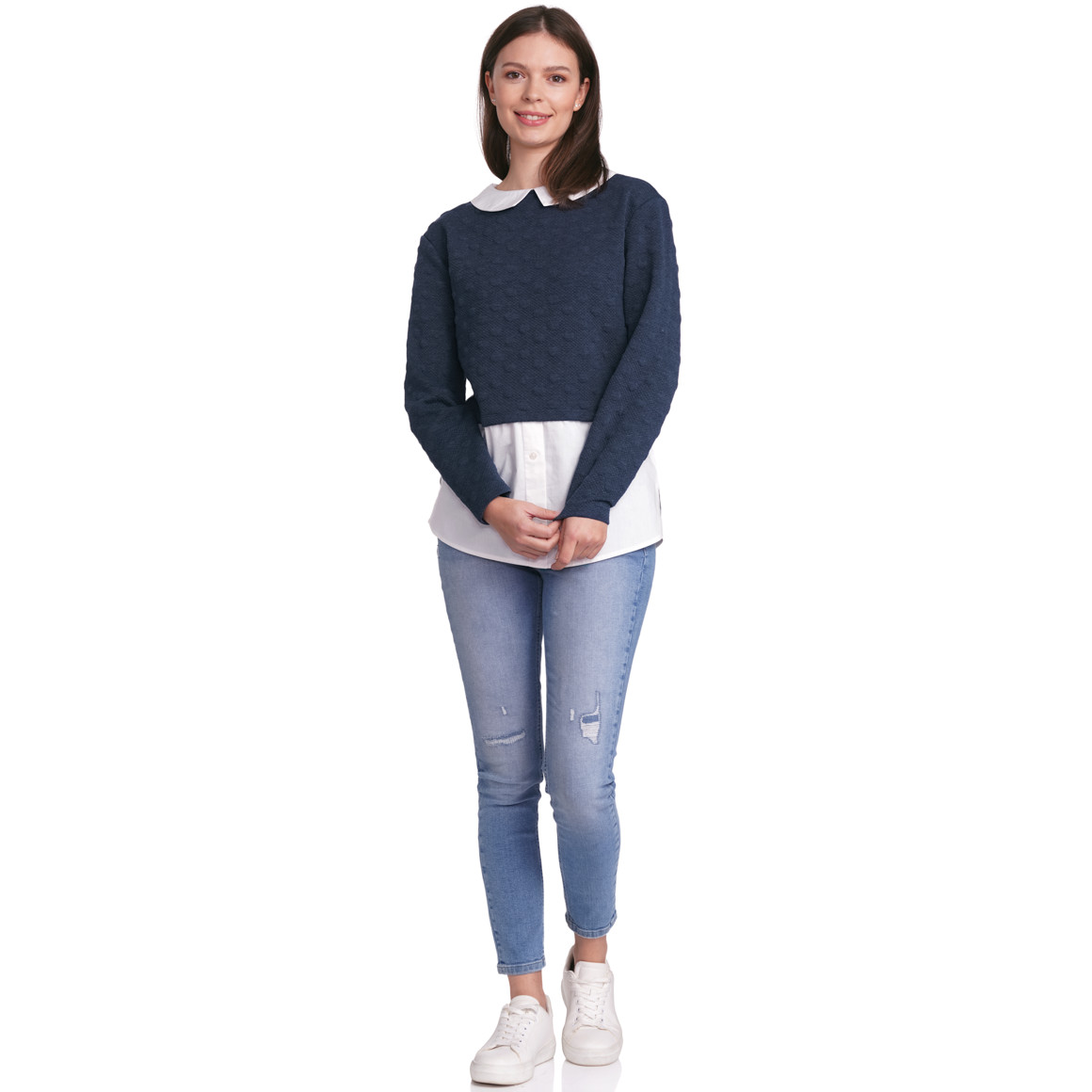 Gina Damen Strickpullover mit Blusen-Einsatz dunkelblau / weiss