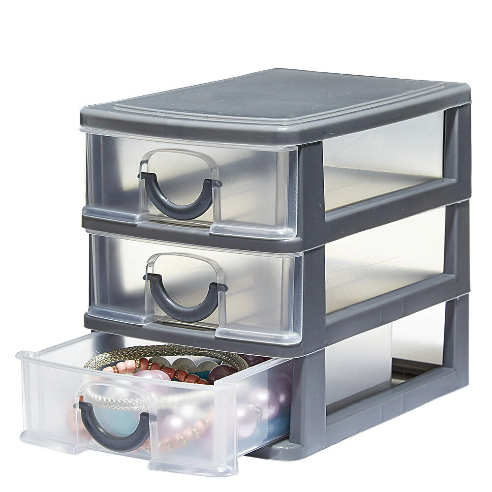 Mini boîte de rangement en plastique 3 tiroirs transparent