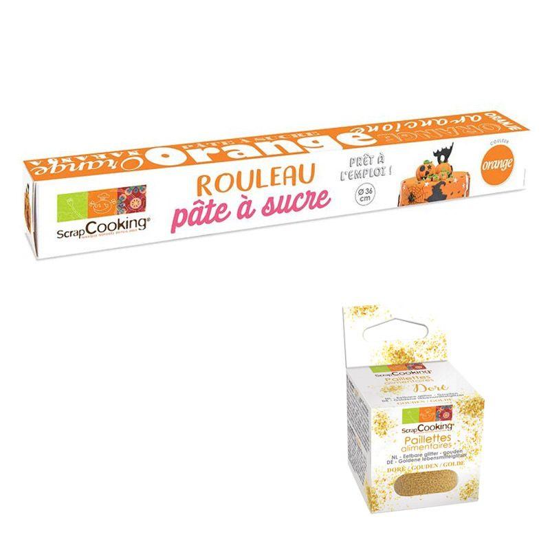 Pâte à sucre en rouleau Ø 36 cm orange + paillettes dorées Scrapcookin