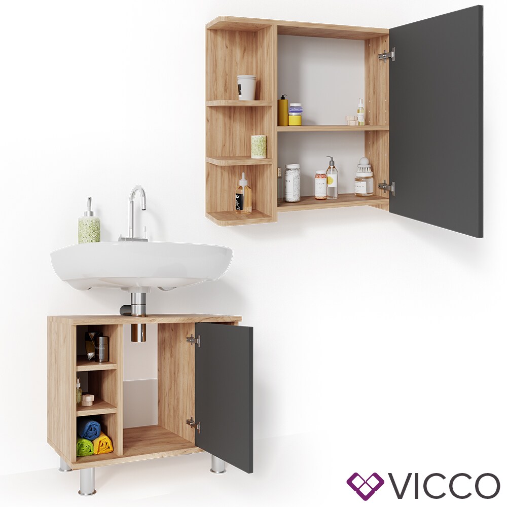 VICCO Badmöbel Set FYNN Eiche Anthrazit Spiegelschrank Waschtischunterschrank