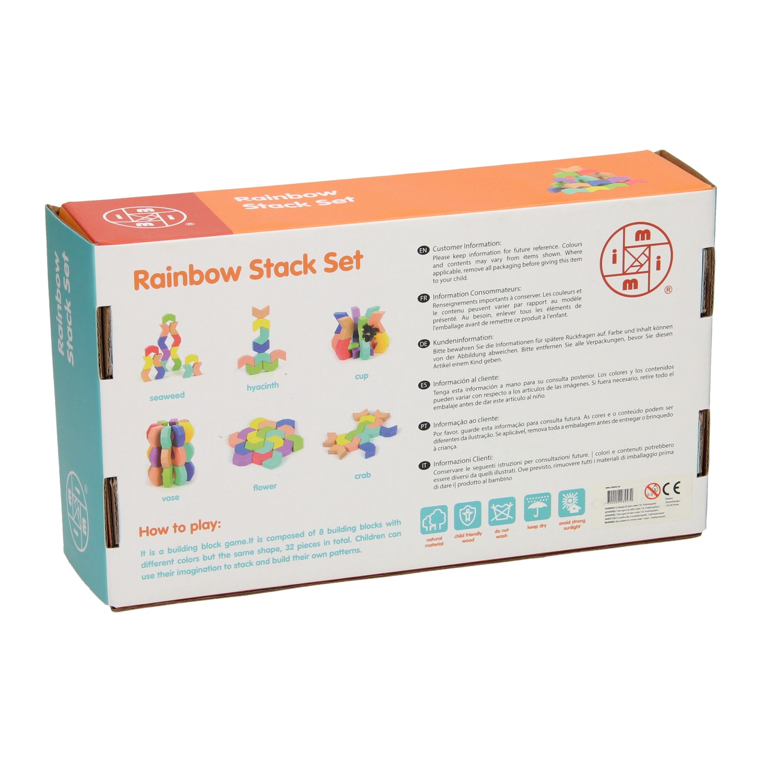Houten Blokken Stapelspel Regenboog, 32dlg.