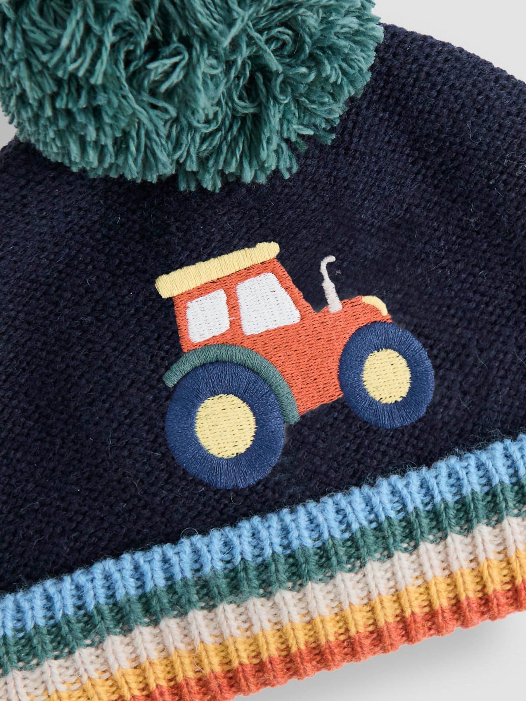 Marineblauw met tractors - JoJo Maman Bébé Cosy Pom Pom Rib Hat