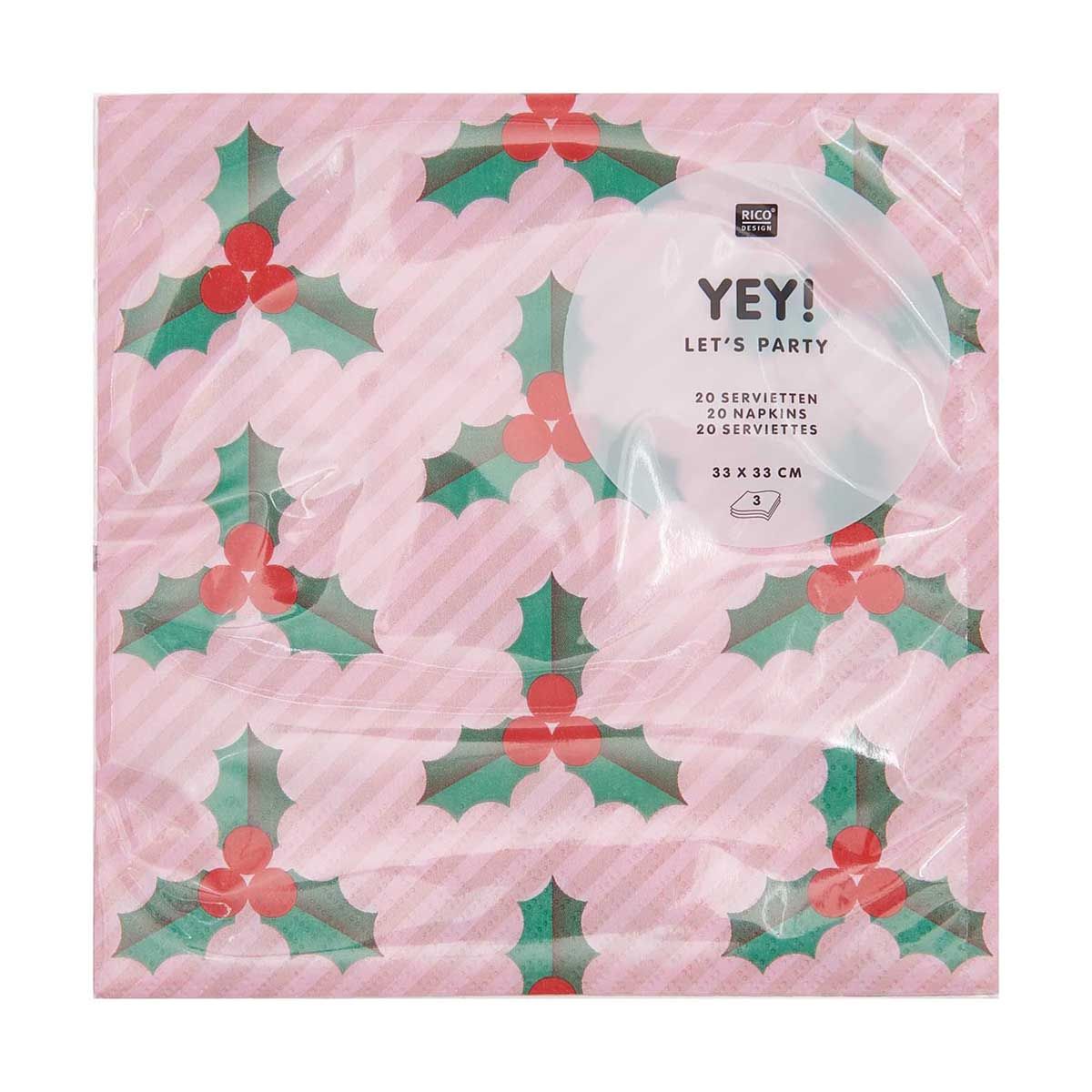Lot de 20 serviettes en papier motifs houx Rico Design